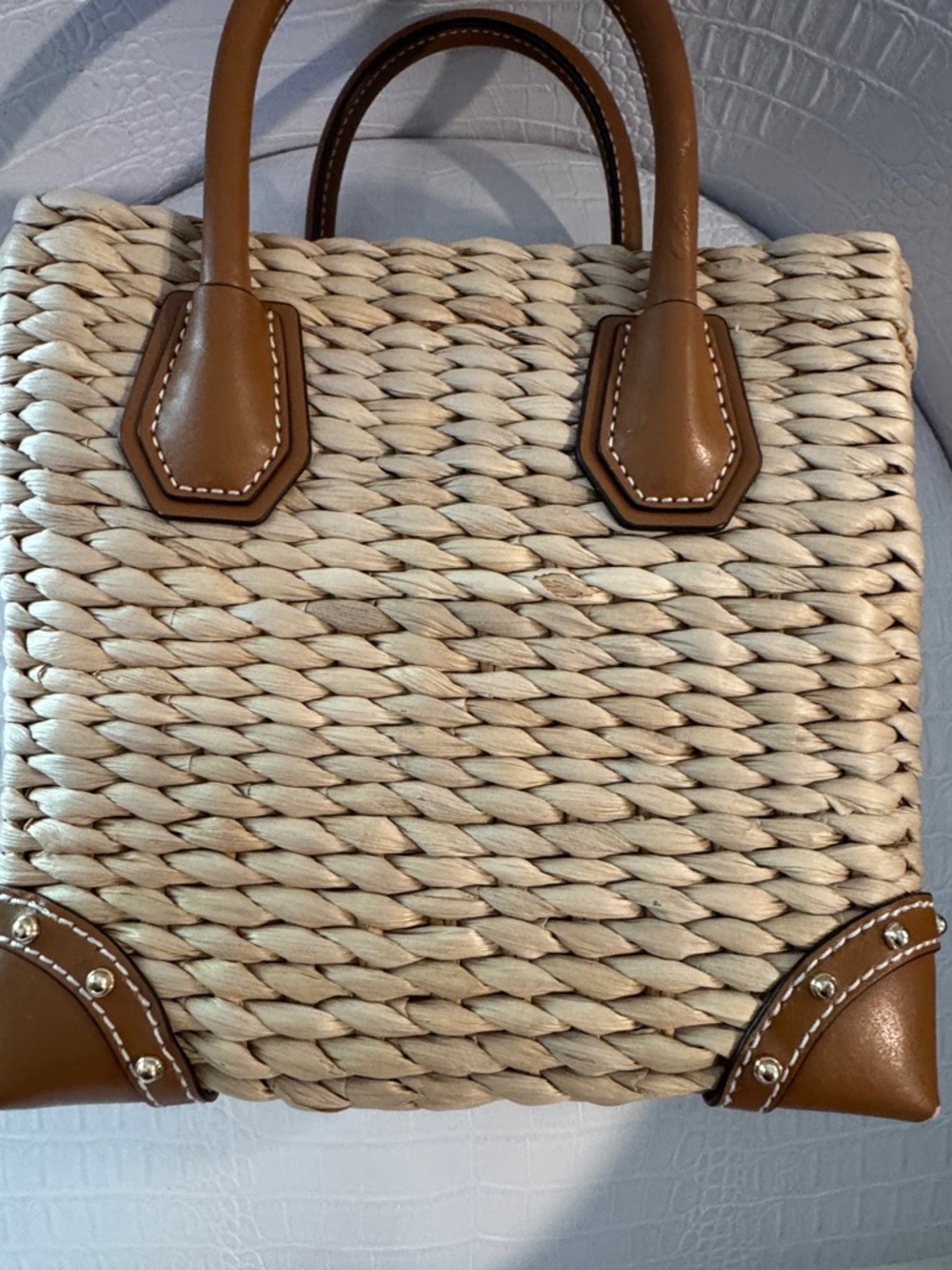 Michael Kors Straw Tote with Pink Watermelon Patch and Brown Leather Trim - Picture 7 of 12